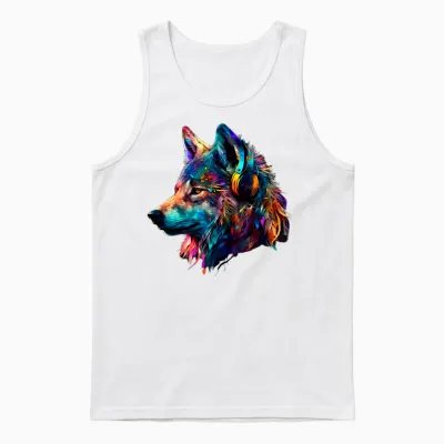 Bunter Wolf Mit Kopfhörern, Musikgrafik, Herren, Damen, Kinder Langarmshirt Unisex Tank Top - White
