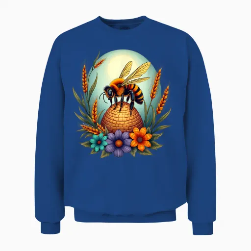 Bee Bee on Beehive with Flowers Floral Nature T-Shirt, Black, S Unisex Sweatshirt - Royal
