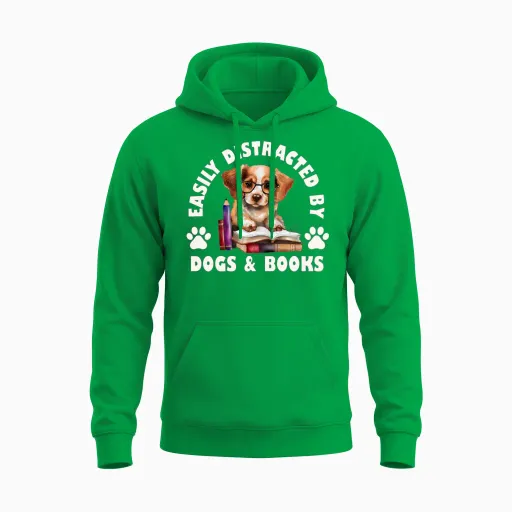 Easily Distracted by Dogs and Books Unisex Hoodie in Irish Green