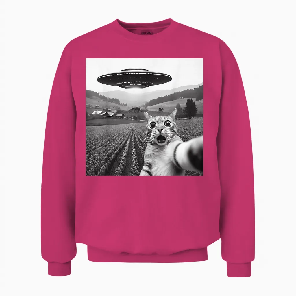 Cat Selfie with Alien Ufo Funny Cat Gifts for Men Women Kid Unisex Sweatshirt in Heliconia