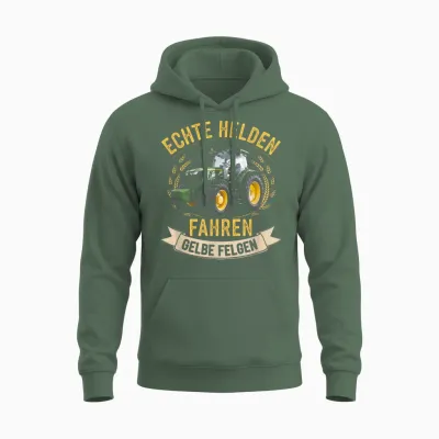 T-Shirt with German Text "echte Helden Fahren", Yellow Rim, Black, S Unisex Hoodie - Military Green