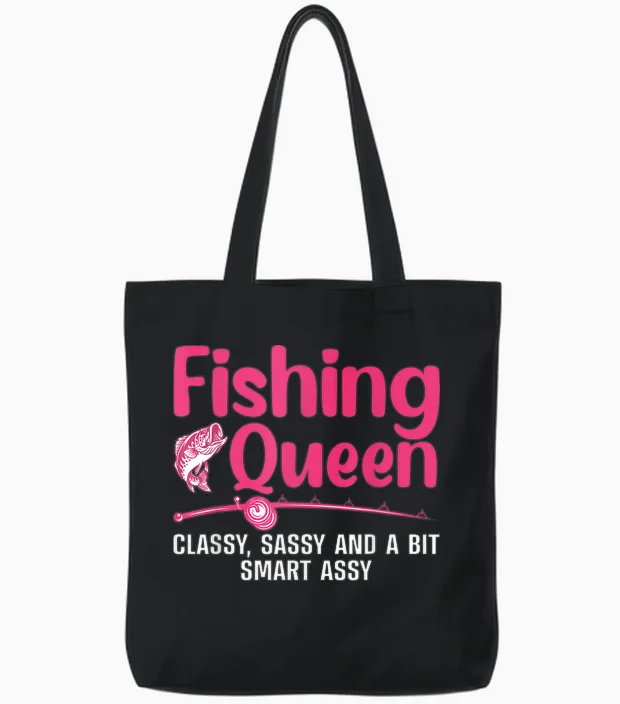 Funny Fishing Queen Design for Women Ladies Fishing Lovers Tote Bags in Black