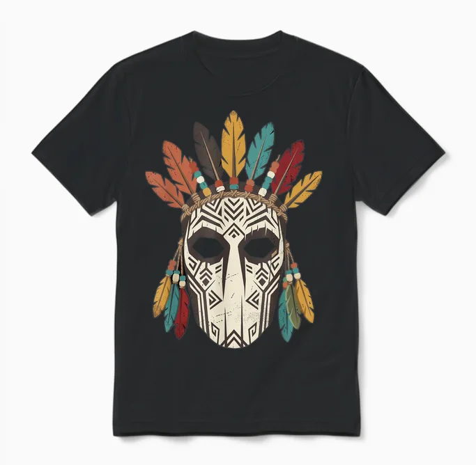 Masque Tribal Plume Coiffe Ethnique Halloween Unisex T-Shirt in Black