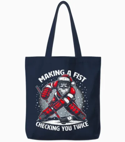 Making a Fist Checking You Twice Ugly Christmas Santa Hockey Tote Bags - Navy