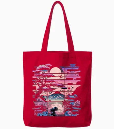 Backprint Japan Aesthetic Vaporwave Cherry Blossom Tote Bags - Red