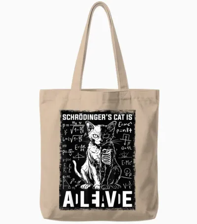 Quantum Physics of the Dead and Living Cat by Schrodinger T-Shirt, Black, S Tote Bags - Natural
