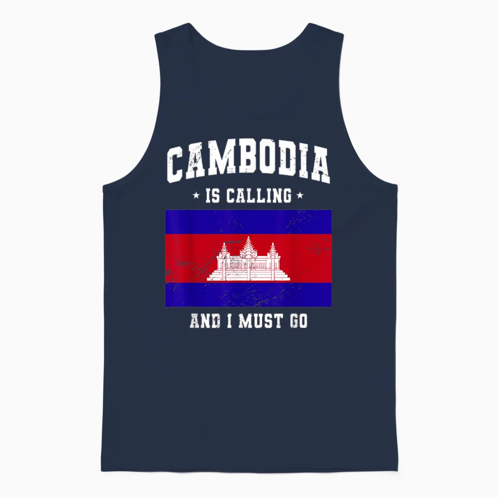 Cambodia Is Calling and I Must Go - Cambodia Travel Clothing T-Shirt, Black, S Unisex Tank Top in Navy