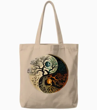 Spiritual Yin Yang Buddhist Tree of Life T-Shirt, Black Tote Bags - Natural