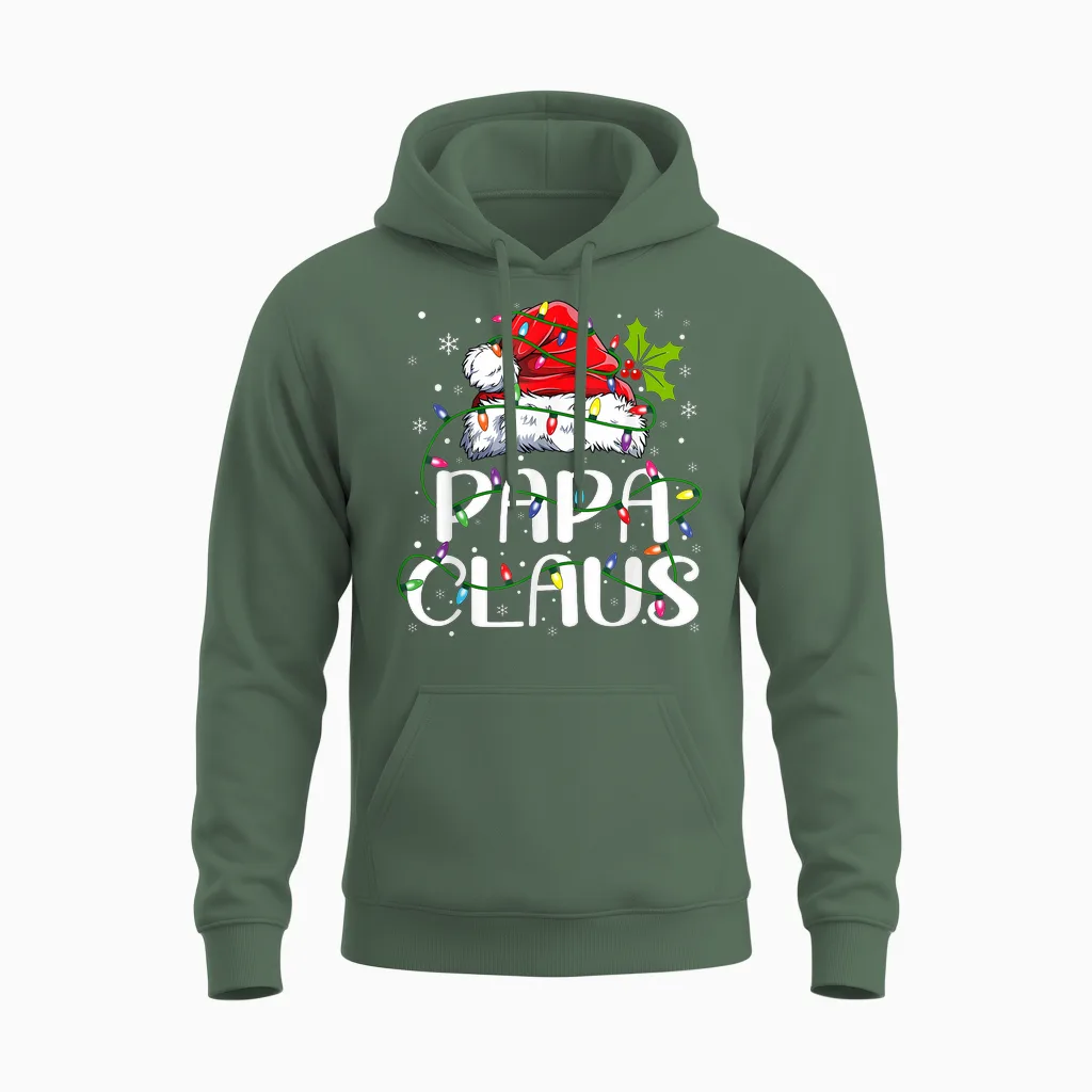 Papa Claus Christmas Lights Pajama Family Matching Unisex Hoodie in Military Green