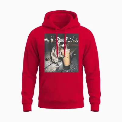Raccoon Drinking Iced Coffee Funny Animal Meme Men Women Unisex Hoodie - Red