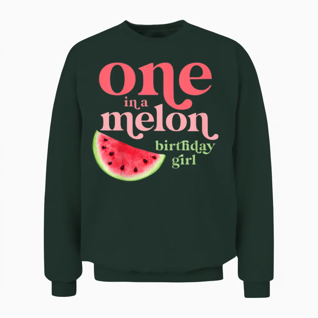 Children's One in a Melon Birthday Girl Baby 1st Watermelon First T-Shirt, Black Unisex Sweatshirt in Forest