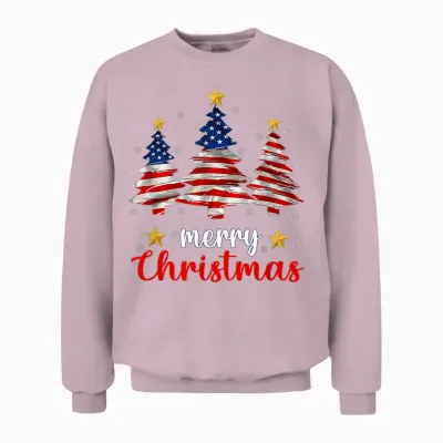 Merry Christmas Tree American Flag Funny Us Flag Xmas Pajama Unisex Sweatshirt - Light Pink