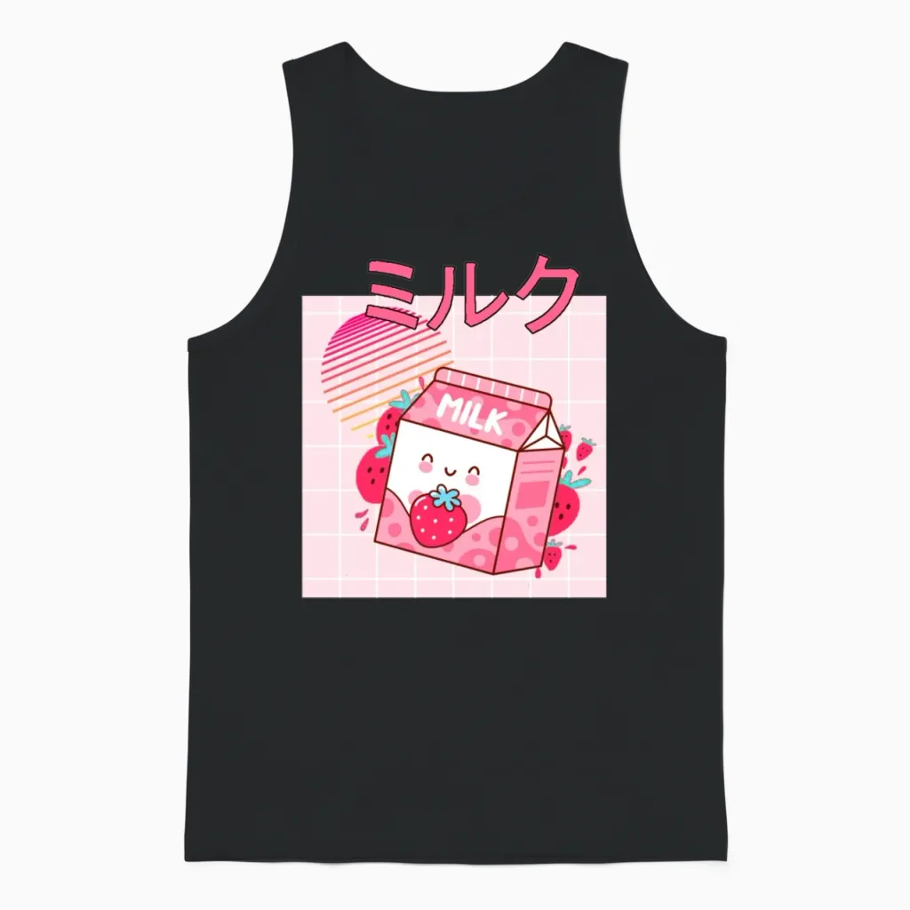 Retro 90s Japanese Kawaii Strawberry Milk Shake Unisex Tank Top - Black