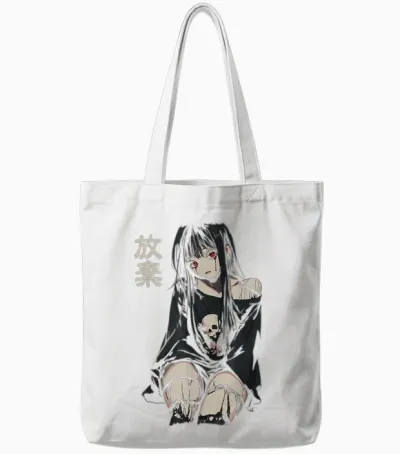 Anime Horror Girl Aesthetic Soft Grunge Waifu Japanese Girl T-Shirt, Black, S Tote Bags - White