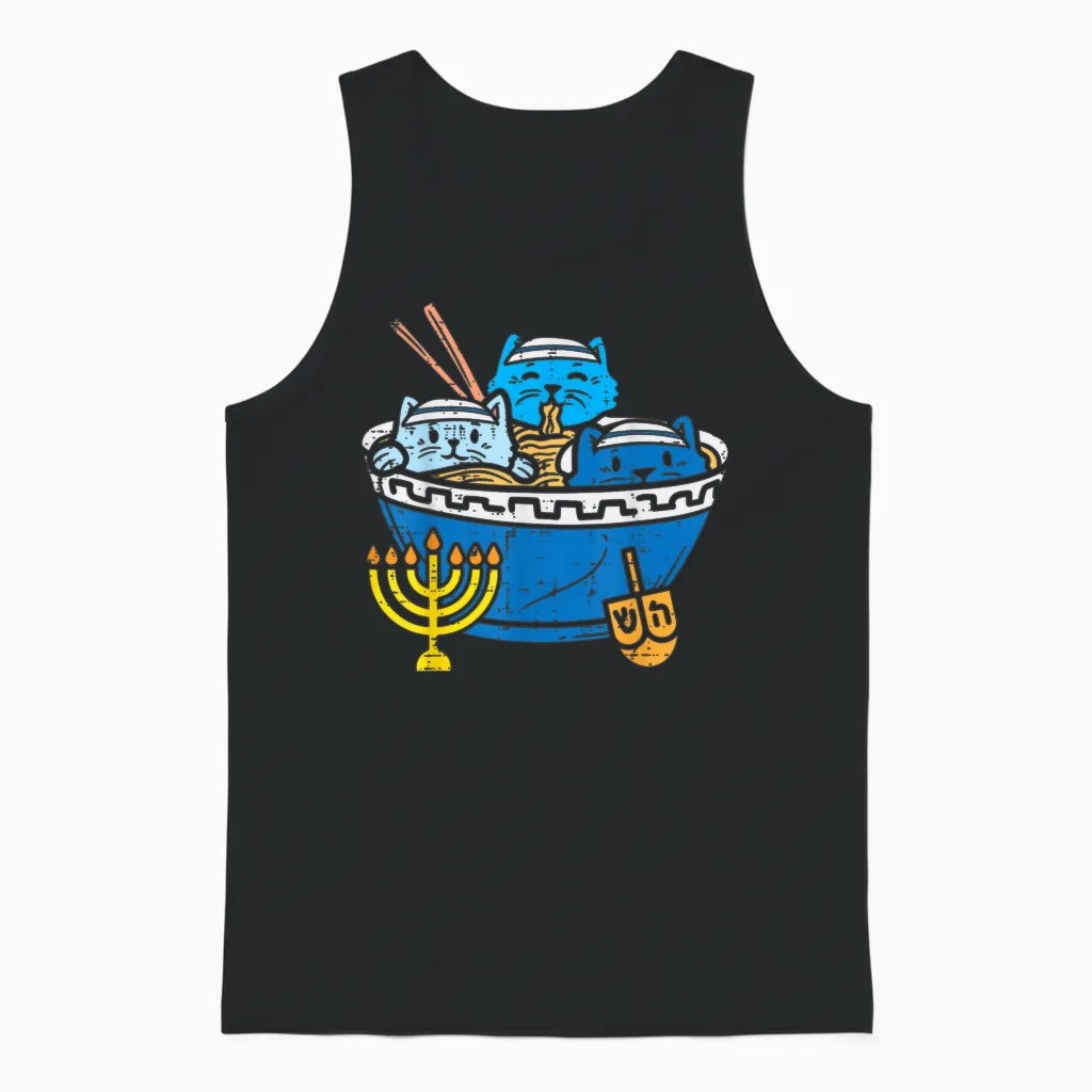 Jewish Cats Ramen Kitten Anime Hanukkah Pajamas Chanukah Pjs Unisex Tank Top in Black