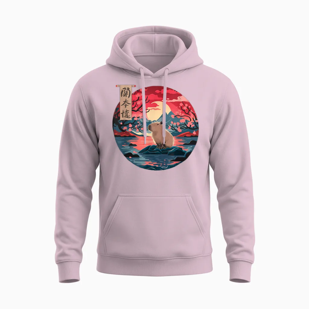 Capybara Vintage Japan Art Japanese Capybara Sunset Unisex Hoodie in Light Pink