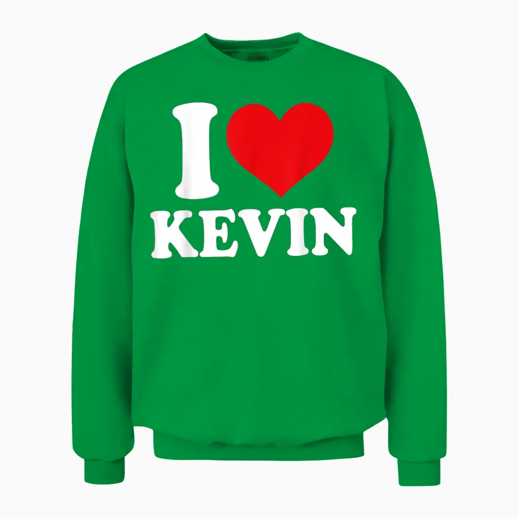I Love Kevin, I Heart Kevin, Red Heart Valentine Unisex Sweatshirt in Irish Green
