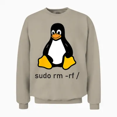 Tux Linux Penguin - Sudo Rm -Rf / Computer Science T-Shirt, Gray Unisex Sweatshirt - Sand