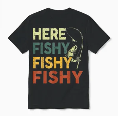 Here Fishy Fishing Shirt Bass Fish Dad Gift Funny Fisherman Unisex T-Shirt - Black