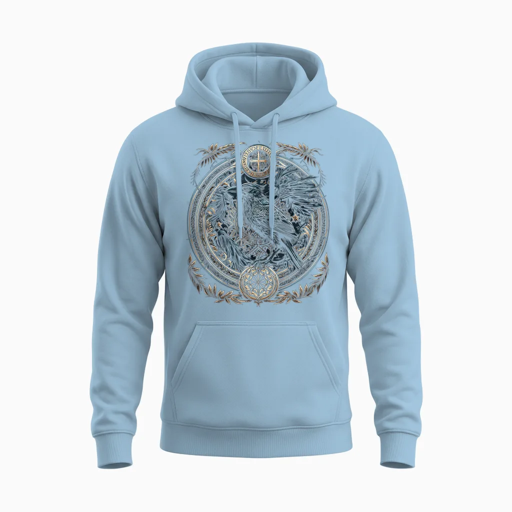 Odins Raven Viking Valhalla Viking Mythology T-Shirt, Black Unisex Hoodie in Light Blue