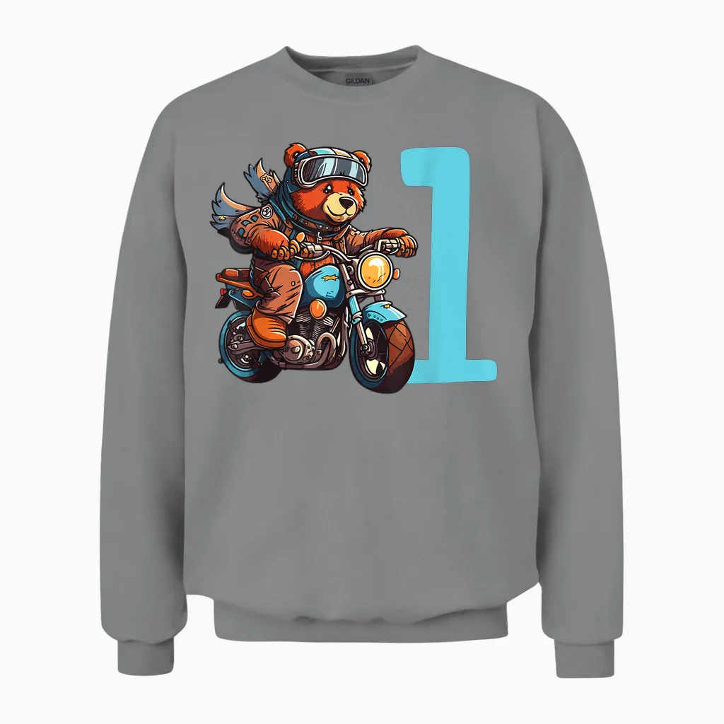 Kinder Geburtstag Bär Auf Motorrad 1 Jahr Junge Zahl Alter Unisex Sweatshirt in Sport Grey