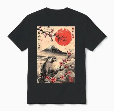Niedlicher Otter Japanische Natur Mount Fuji Sakura ästhetik Unisex T-Shirt - Black