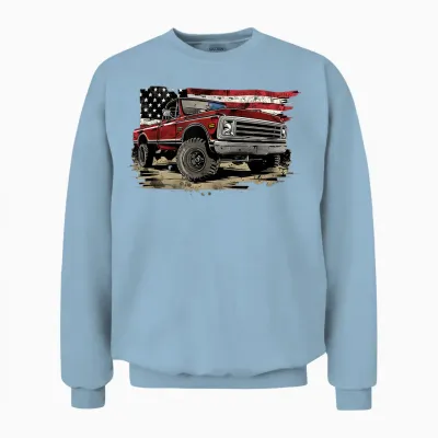 Vintage Pickup Truck with Flag Patriotic Style Women Girls Kids Men Unisex Sweatshirt - Light Blue