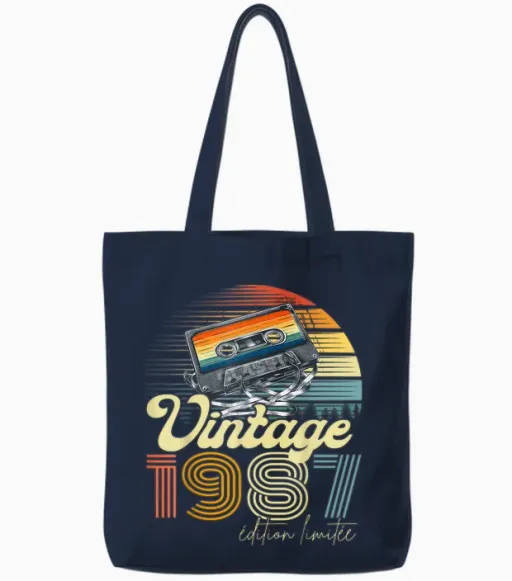 Vintage 1987 Limited Edition Cassette Audio 1987 Retro T-Shirt, Black, S Tote Bags - Navy