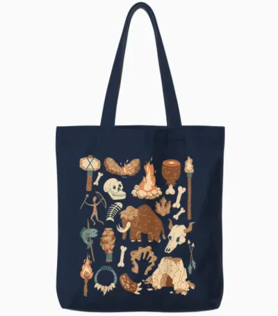 Stone Age T-Shirt, Black Tote Bags - Navy
