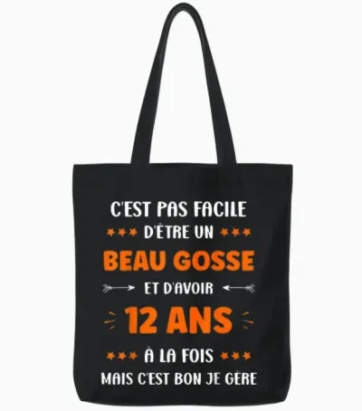 Funny Boy 12 Years Old Handsome Kid Birthday 12 Years T-Shirt, Black, S Tote Bags - Black