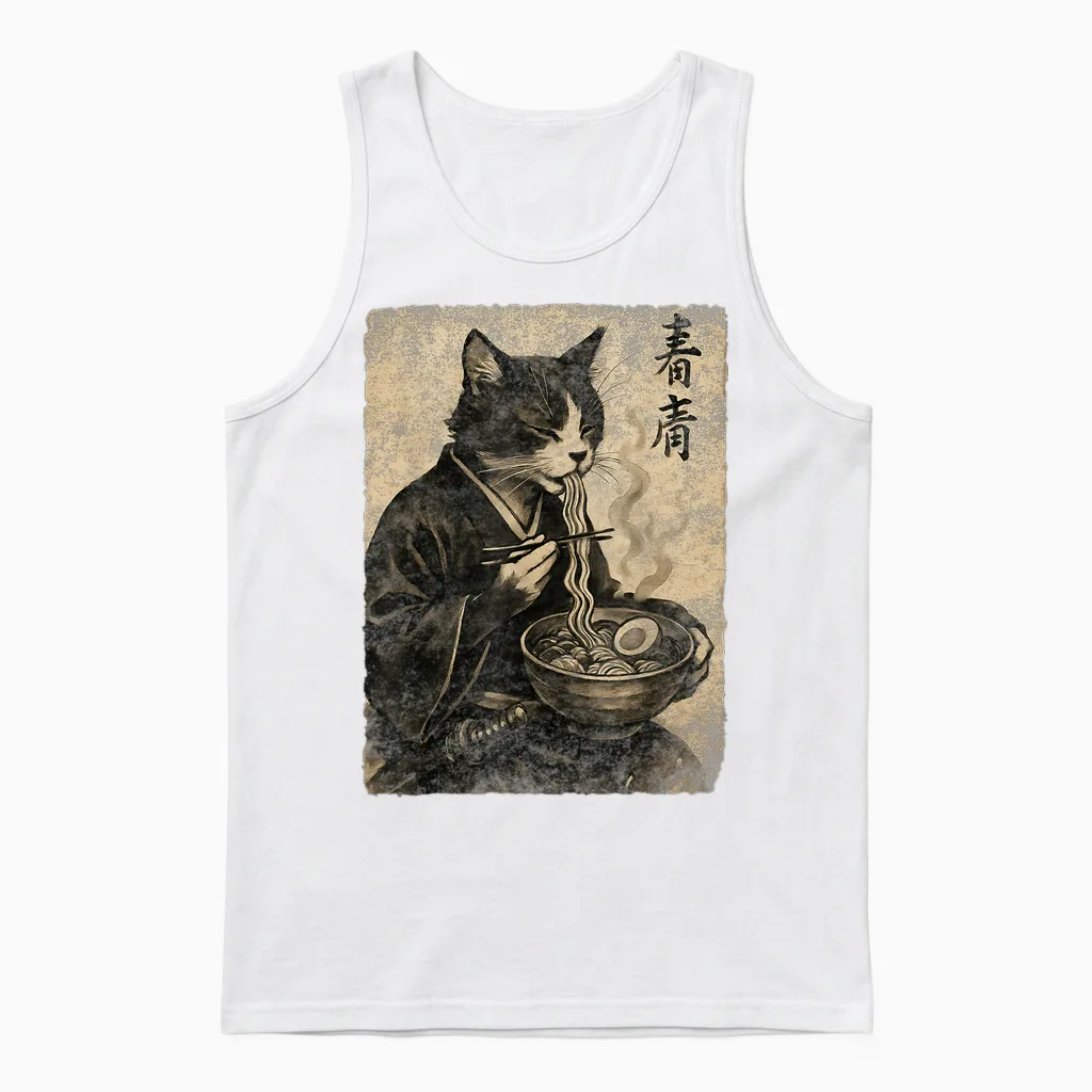Cat Samurai Vintage Ramen Japanese Retro Art Anime Aesthetic Unisex Tank Top in White