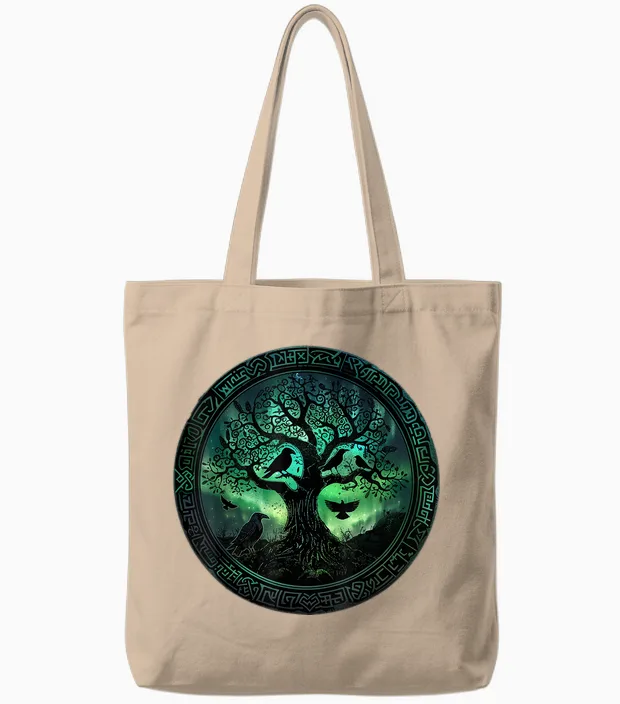 Hugin & Munin T-Shirt Ravens Odins Viking Tree of Life T-Shirt, Black Tote Bags in Natural