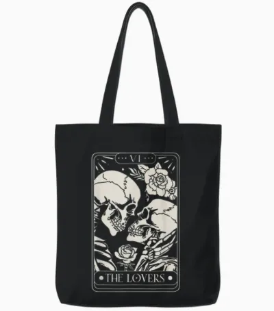 The Lovers Tarot Card Skeletons Kissing in Love Tote Bags - Black