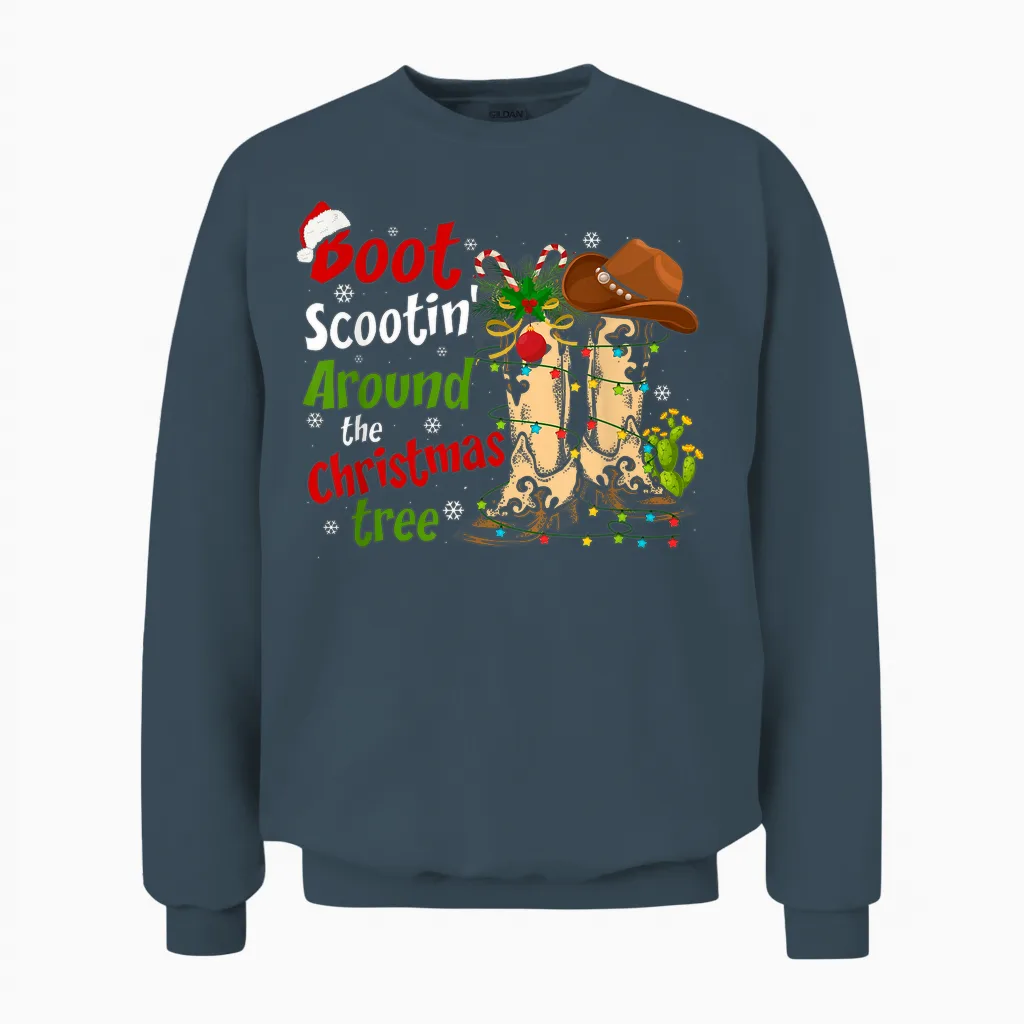 Boot Scootin' Around the Christmas Tree Country Western Unisex Sweatshirt in Dark Heather