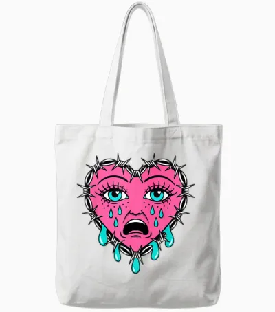 Crying Heart Tattoo - Traditional Old School Tattooed Inked Tote Bags - White