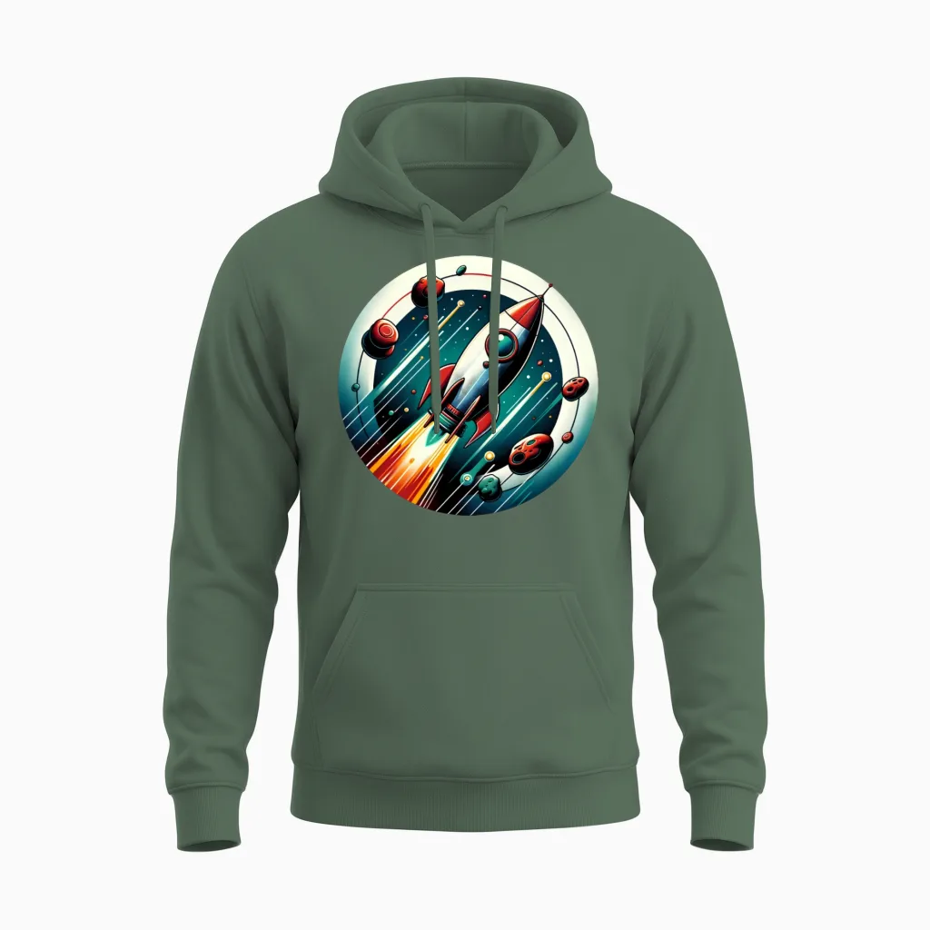 Retro Rocket and Planets Unisex Hoodie - Military Green