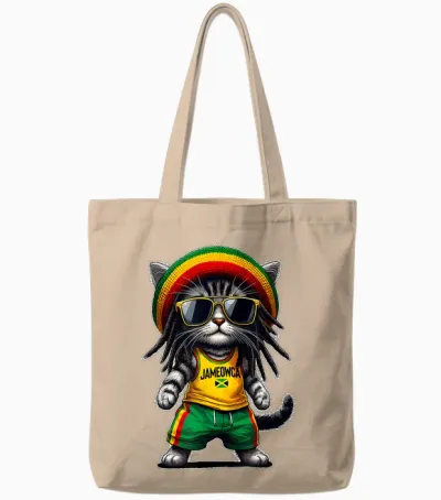 Jameowca Cool & Funny Jamaican Rasta Reggae Cat T-Shirt, Black, S Tote Bags - Natural