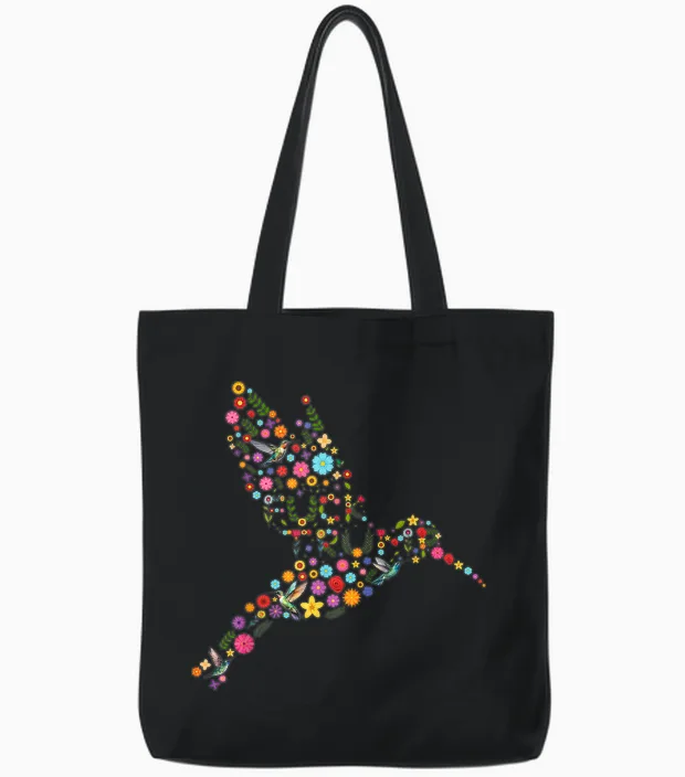 Subtle Anti Trump Floral Hummingbird Hidden Message Tote Bags in Black