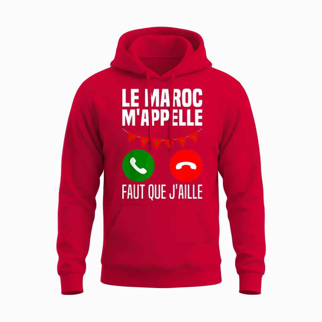 Morocco Calls Me Je Peux Pas Je Me Barre Au Maroc Flag T-Shirt, Black, S Unisex Hoodie in Red