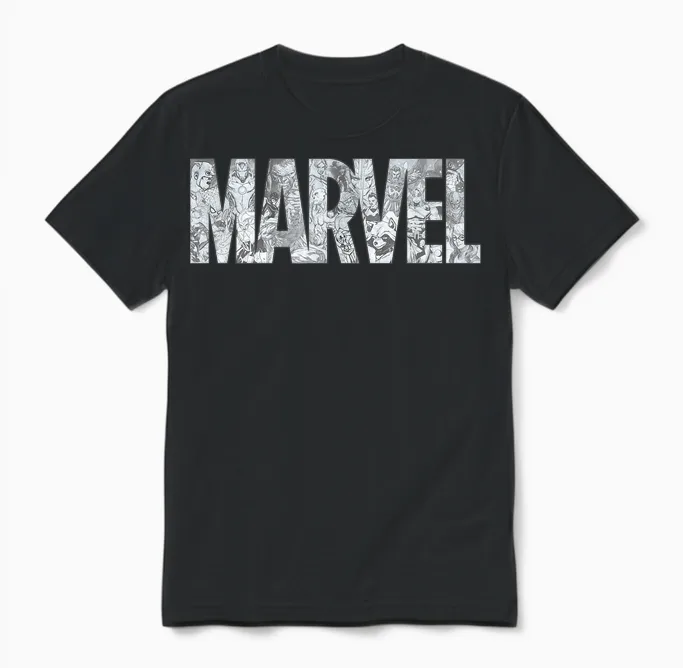 Marvel Logo Comics Gray Pencil Sketch Super Heroes Avengers T-Shirt, Black Unisex T-Shirt in Black