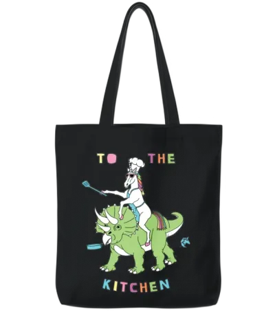 To the Kitchen Unicorn Riding Dinosaur Tote Bags - Black