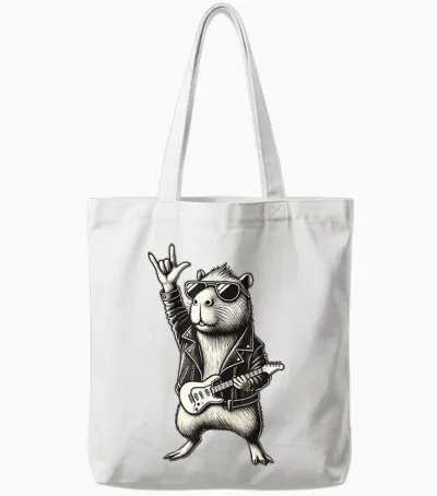 Rock and Heavy Metal Music, Capybara Rocker and Hand Guitar Rock Tote Bags - White