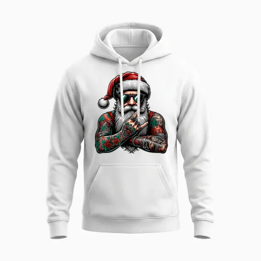 Tattooed Santa Claus Inked Xmas Men & Women Ugly Christmas Unisex Hoodie in White