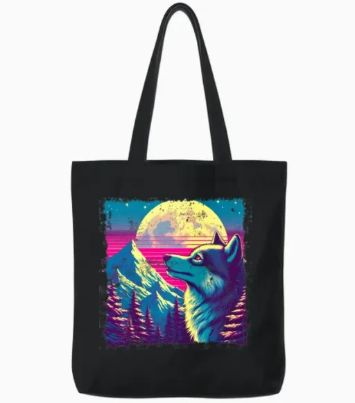 Retro Wolf Gazing at the Moon Tote Bags - Black
