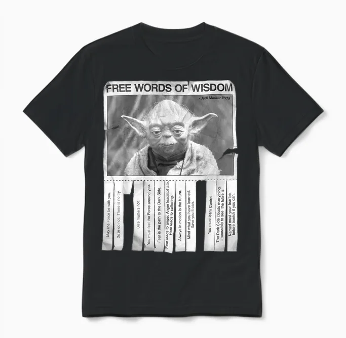 Star Wars Yoda Free Words of Wisdom Flyer T-Shirt, Black Unisex T-Shirt in Black
