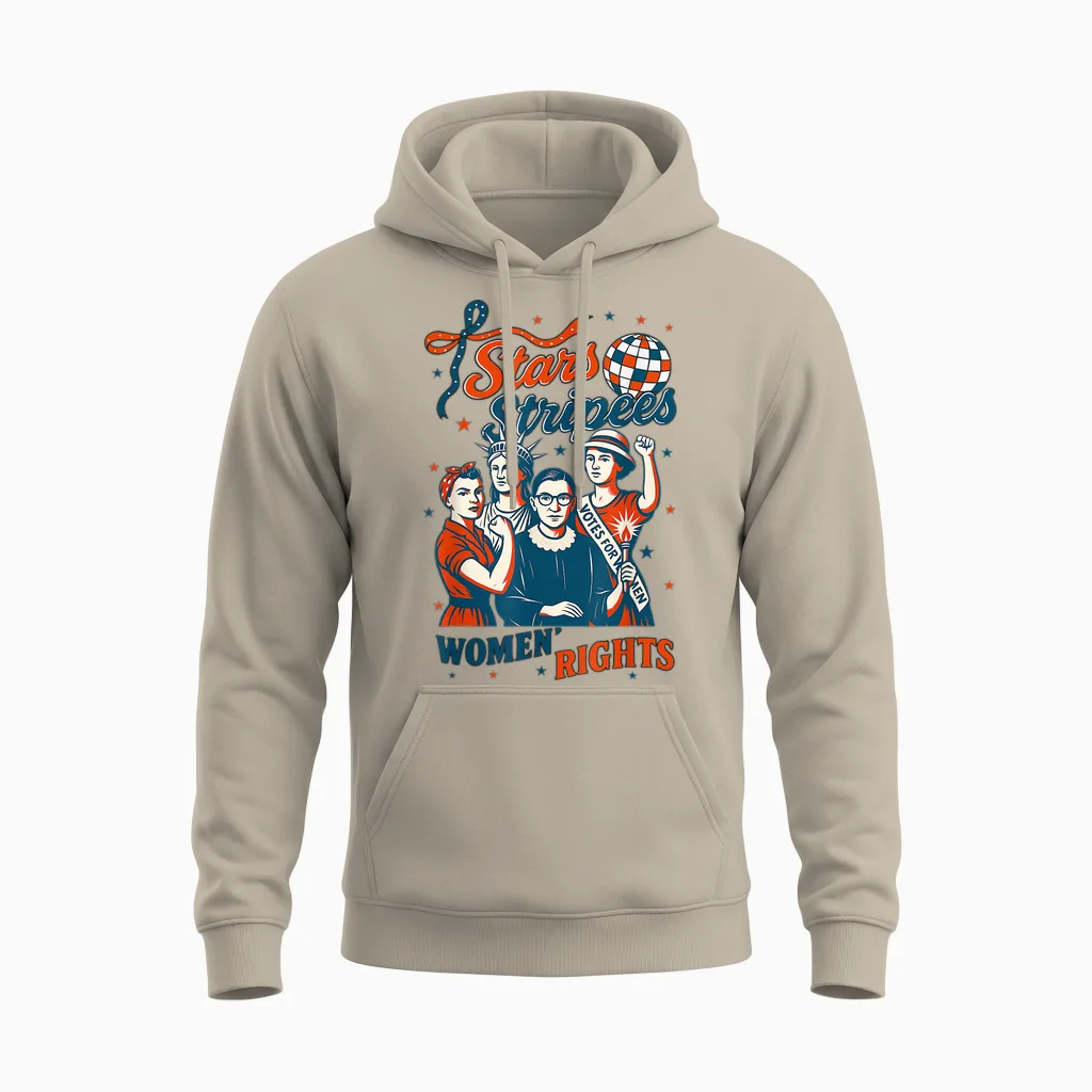 Hugvyn 4th of July Feminist Stars Stripes and Women's Rights Unisex Hoodie in Sand