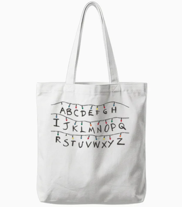Stranger Things Alphabet T-Shirt, White, S Tote Bags in White