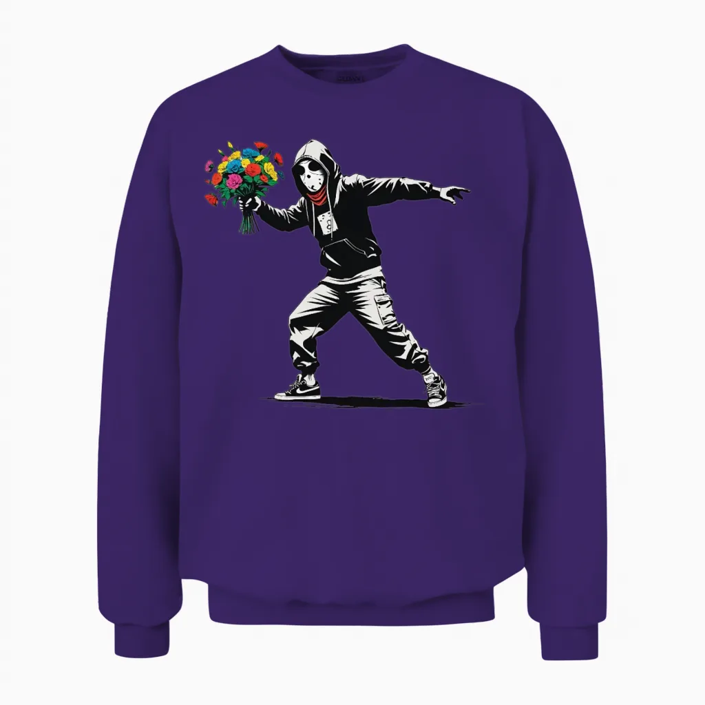 Banksy Protester Throwing Flowers Unisex Sweatshirt in Purple
