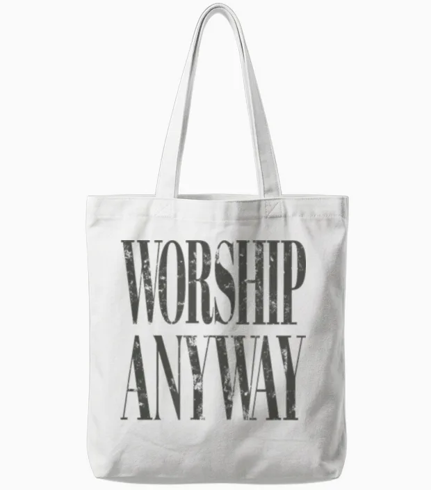 Worship Anyway Distressed Christian Tote Bags in White