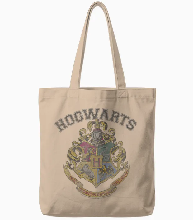 Harry Potter Hogwarts Vintage Crest Short Sleeve Tote Bags in Natural